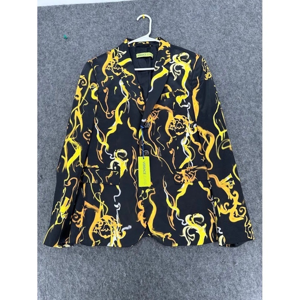 Versace Jeans Women Printed Blazer NWT IT 48 US 12 Black Gold Made Italy Rare